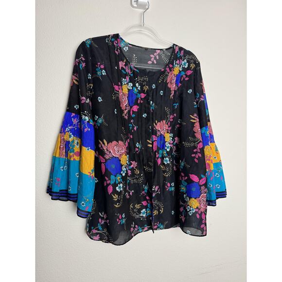 Kobi Halperin Blouse Womens Large Black Floral Bell Sleeve Cotton Silk Boho - Picture 2 of 13